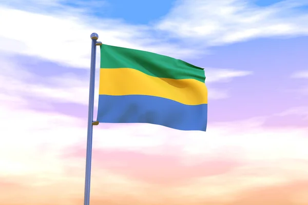 Illustration Waving Flag Gabon Chrome Flag Pole Blue Sky — Stock Photo, Image