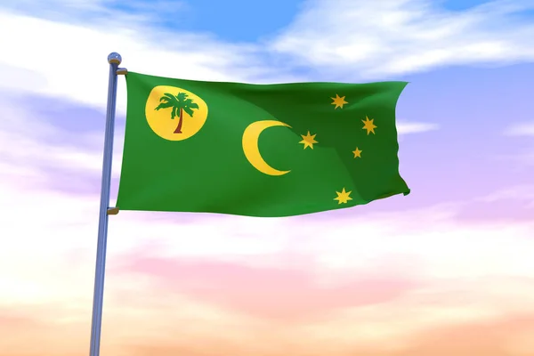 Illustration Waving Flag Cocos Keeling Islands Chrome Flag Pole Blue — Stock Photo, Image