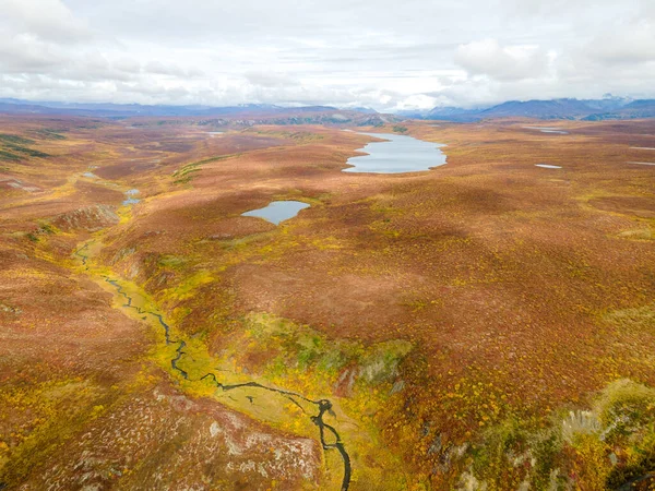 Luftaufnahme Eines Kleinen Sees Mit Alaska Range Herbstlichen Farben Hintergrund — Stockfoto