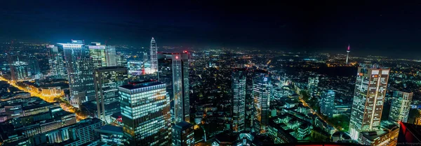 Drone Aéreo Filmado Horizonte Frankfurt Noite Alemanha — Fotografia de Stock