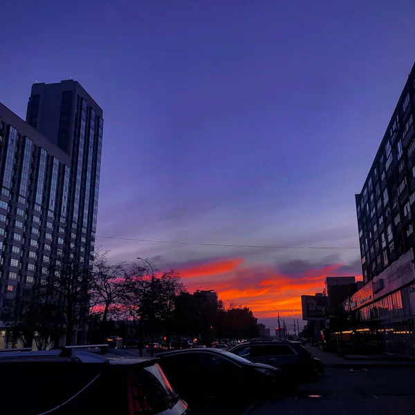 Une Vue Panoramique Ciel Sur Une Ville Coucher Soleil — Photo