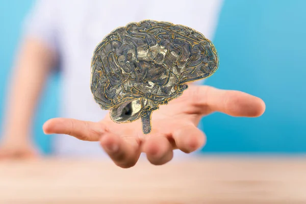 Трехмерная Иллюстрация Человеческого Мозга Руке Понятие Искусственного Интеллекта — стоковое фото