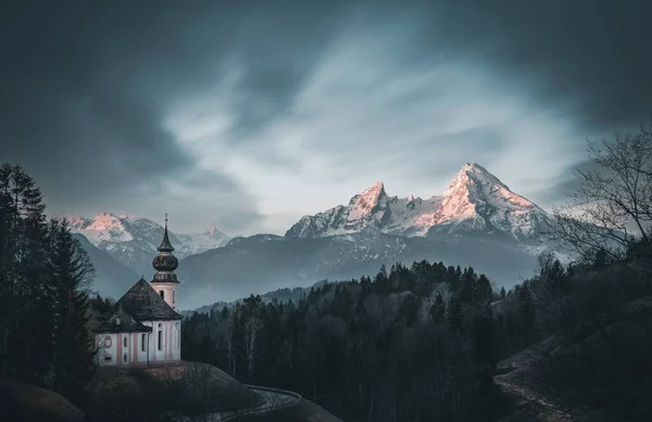 Kerk Van Maria Gern Met Watzmann Berg Bij Berchtesgaden Beieren — Stockfoto