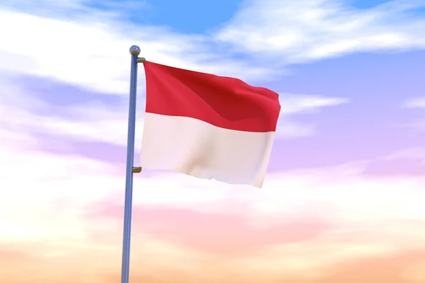 Sebuah Bendera Dimensi Melambai Monako Dengan Tiang Bendera Krom Langit — Stok Foto