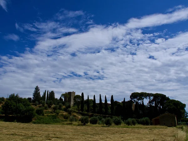 Uma Paisagem Toscana Centro Itália Nuvens Fundo Castelo Pinheiros — Fotografia de Stock