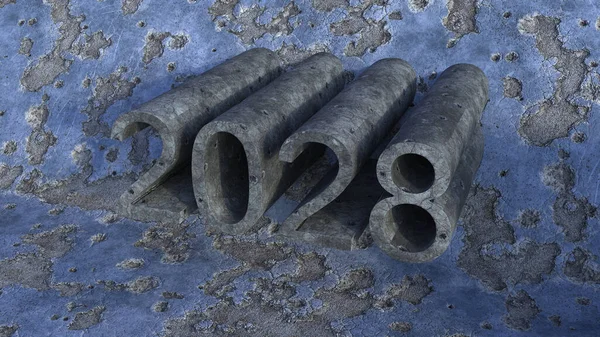 2028 Anno Realizzato Con Cemento Una Parete Blu Danneggiata — Foto Stock