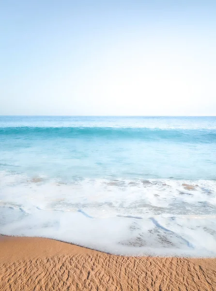 A vertical shot of waves approaching the sandy beach