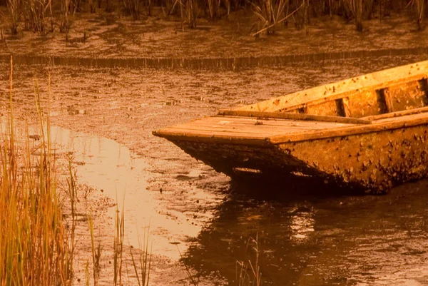 夕阳西下 在沼泽地泥泞的水面上漂浮着一艘小旧木船的特写镜头 — 图库照片