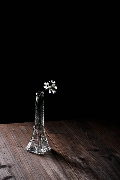 Vertical Closeup Transparent Vase Flowers Wooden Table Dark Background — Stock Photo, Image