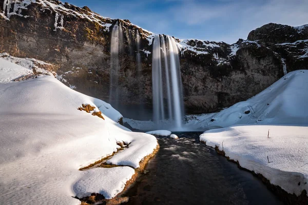 Άποψη Του Καταρράκτη Seljalandsfoss Στην Ισλανδία Χειμώνα — Φωτογραφία Αρχείου