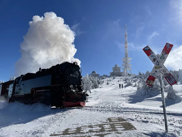 Een Lage Hoek Opname Van Een Trein Winter Harz Duitsland — Stockfoto
