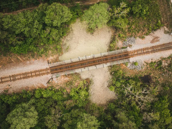 Una Toma Aérea Una Vía Recta Ferrocarril Rural Rodeada Árboles —  Fotos de Stock