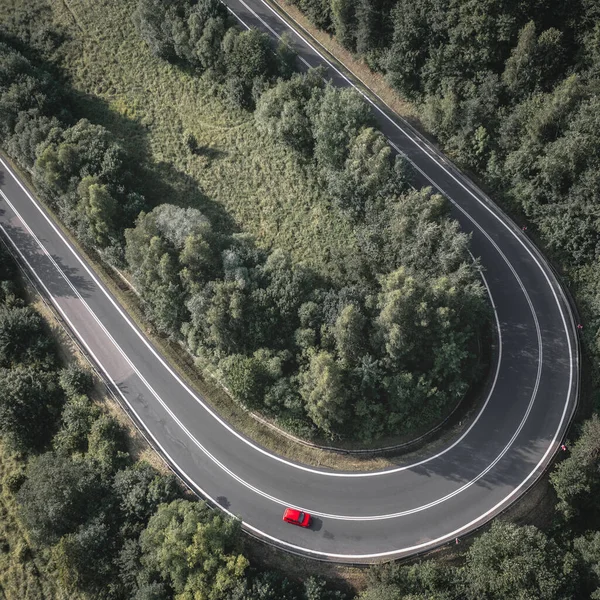 Aerial View Red Car Countryside Road — Stock Photo, Image