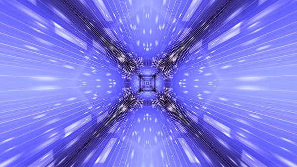 光線と線で紫の未来的な抽象的な万華鏡模様ネオントンネルの3Dレンダリング — ストック写真