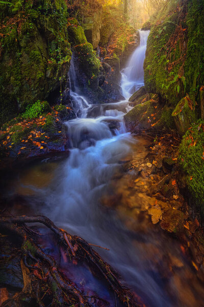 A beautiful view of a long waterfall stream between mossy stones in a forest
