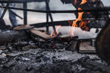 Dışarıda ateşte kavrulan güzel bir et görüntüsü.