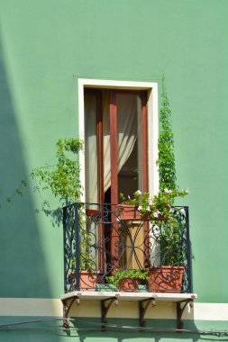 Cagliari, Sardunya, İtalya 'da yeşil bitkilerle dolu küçük bir balkonun dikey çekimi.