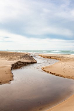 Kasvetli gökyüzünün altında kumlu bir sahilin dikey görüntüsü.