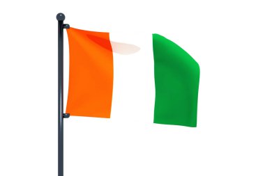 Beyaz arka planda izole edilmiş bir bayrak direğinde dalgalı bir Fildişi Sahili bayrağı.