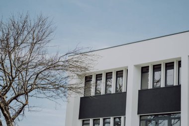 Bulutlu bir gökyüzünün altında çıplak bir ağacın yanında cam pencereleri olan beyaz bir binanın ön cephesi.