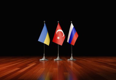 Rusya, Ukrayna ve Türkiye 'nin bayraklarının ahşap bir zeminde 3D olarak yorumlanması.
