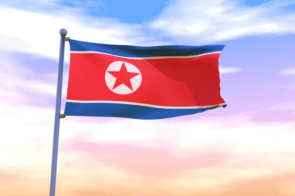 A 3D illustration of a Waving flag of North Korea with a chrome flag pole in the cloudy sunset sky waving in the wind