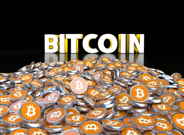 Closeup Shot Bitcoins Bitcoin Text Black Background — Stock Photo, Image