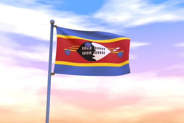 Een Wapperende Vlag Van Swaziland Een Vlaggenmast Met Bewolkte Lucht — Stockfoto