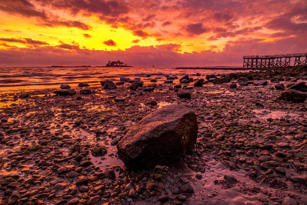 Primer Plano Algunas Piedras Una Playa Rocosa Húmeda Atardecer — Foto de Stock