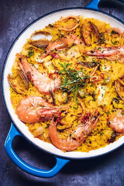 Vertical Top Shot Delicious Saffron Risotto Shrimps Rice Other Seafood — Stock Photo, Image