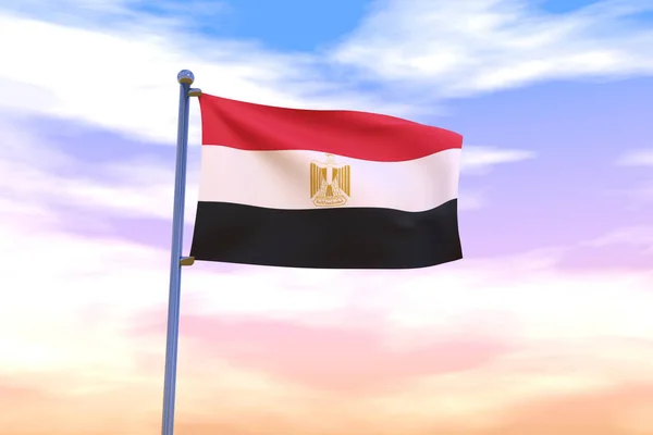 Mavi Gökyüzünde Krom Bayrak Direği Sallayan Mısır Bayrağının Boyutlu Bir — Stok fotoğraf