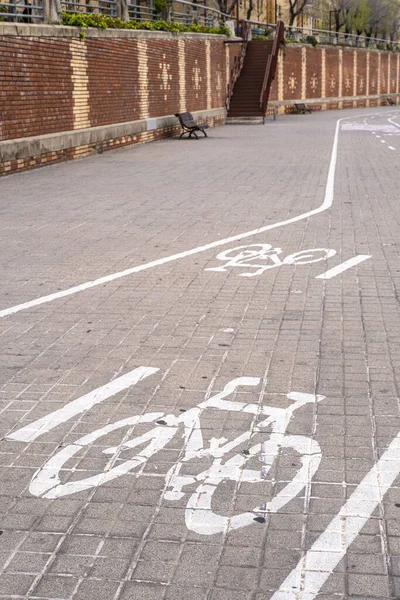 Uma Vertical Uma Faixa Bicicleta Exclusiva Uma Estrada Asfalto Rua — Fotografia de Stock