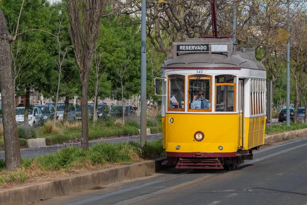 Old Historical Yellow Tram Avenida Julho Street Lisbon Portugal — Stock Photo, Image