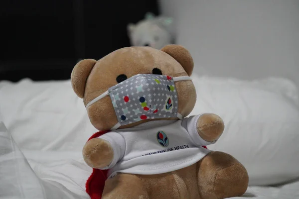 a close up shot of a teddy bear wearing a mask and a t shirt printed \
