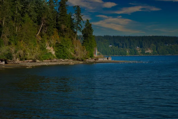 Une Vue Panoramique Île Whidbey Washington Avec Rivage Bordée Arbres — Photo