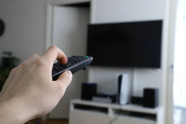 Man Hand Holding Remote Pointing Television — Stock Photo, Image