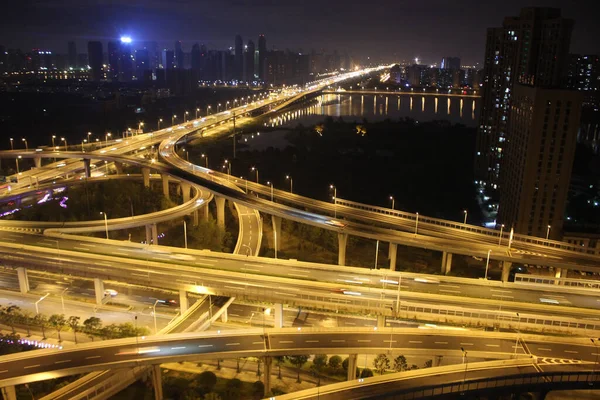 Aerial Night Cityscape View Illuminated Highway Bridges Buildings — Stock Photo, Image