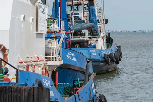 Primer Plano Dos Barcos Azules Navegando Agua Cerca Lisboa —  Fotos de Stock