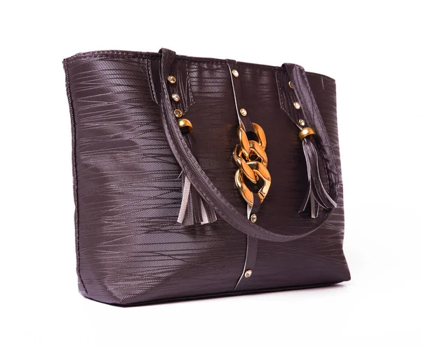 Närbild Bild Mörkbrun Kvinnlig Väska Isolerad Vit Bakgrund — Stockfoto