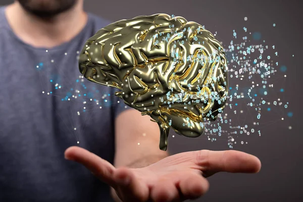 Рендеринг Золотого Мозга Двоичного Кода Зависающего Над Ладонью Человека — стоковое фото