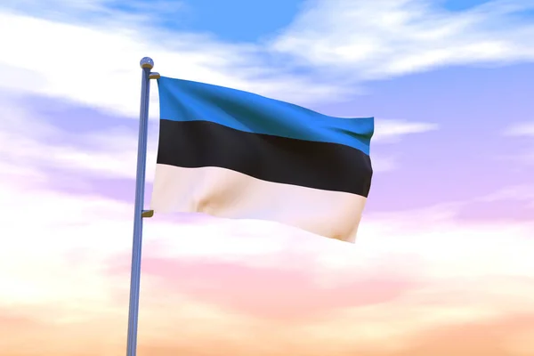 Mavi Gökyüzünde Krom Bayrak Direği Sallayan Estonya Bayrağının Boyutlu Bir — Stok fotoğraf