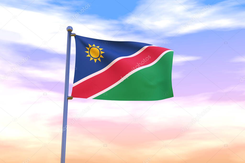 A 3D illustration of a Waving flag of Namibia with a chrome flag pole in the sunset sky waving in the wind