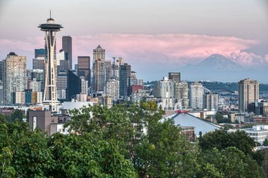 Stadt, ABD, Seattle 'daki binaların ve uzay iğnelerinin hava görüntüsü.,