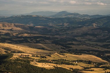 Bulutlu bir arka planda, sık ormanları ve dağınık çalıları olan kurak toprakların havadan görünüşü.