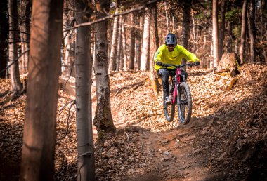 A closeup of a person riding a bicycle in a forest