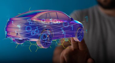 Otomobilin 3 boyutlu bir çizimi ve otomatik elektrikli arabanın ikili kod - kablo çizimi