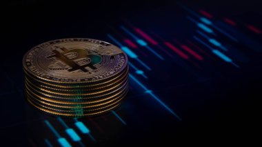 Soyut koyu arkaplan üzerinde bir bitcoin