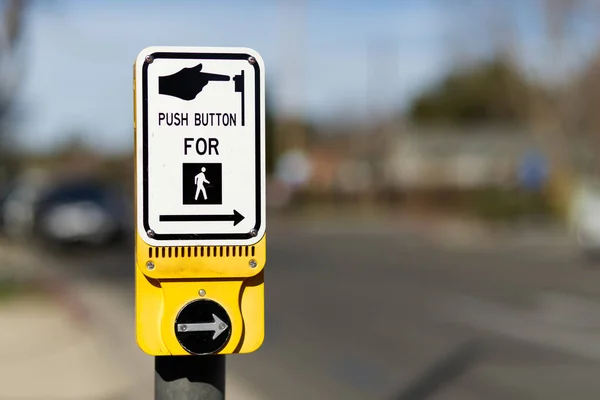 Closeup Sign Text Push Button Showing Crosswalk Direction — Stock Photo, Image