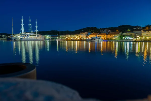 Beautiful Sali Harbor Night Big Boat Colour Town Light Reflection — Stock Photo, Image