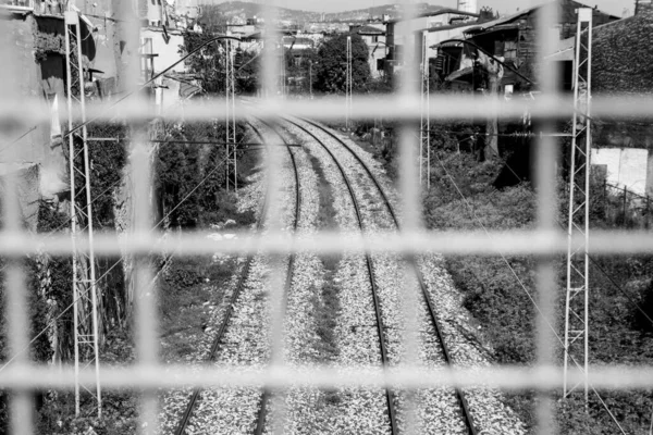 Eine Schwarz Weiß Aufnahme Von Eisenbahnzügen Hinter Metallgittern — Stockfoto
